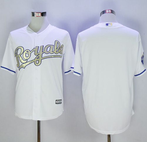 Royals Blank White New Cool Base 2015 World Series Champions Gold Program Stitched MLB Jersey - Click Image to Close